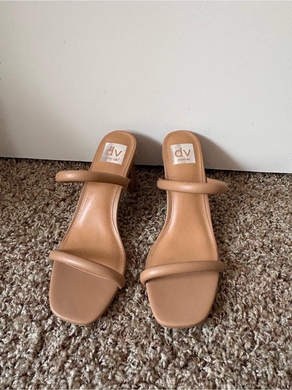 NWT Nordstrom Tan Double-Strap Square-Toe Slide Heels